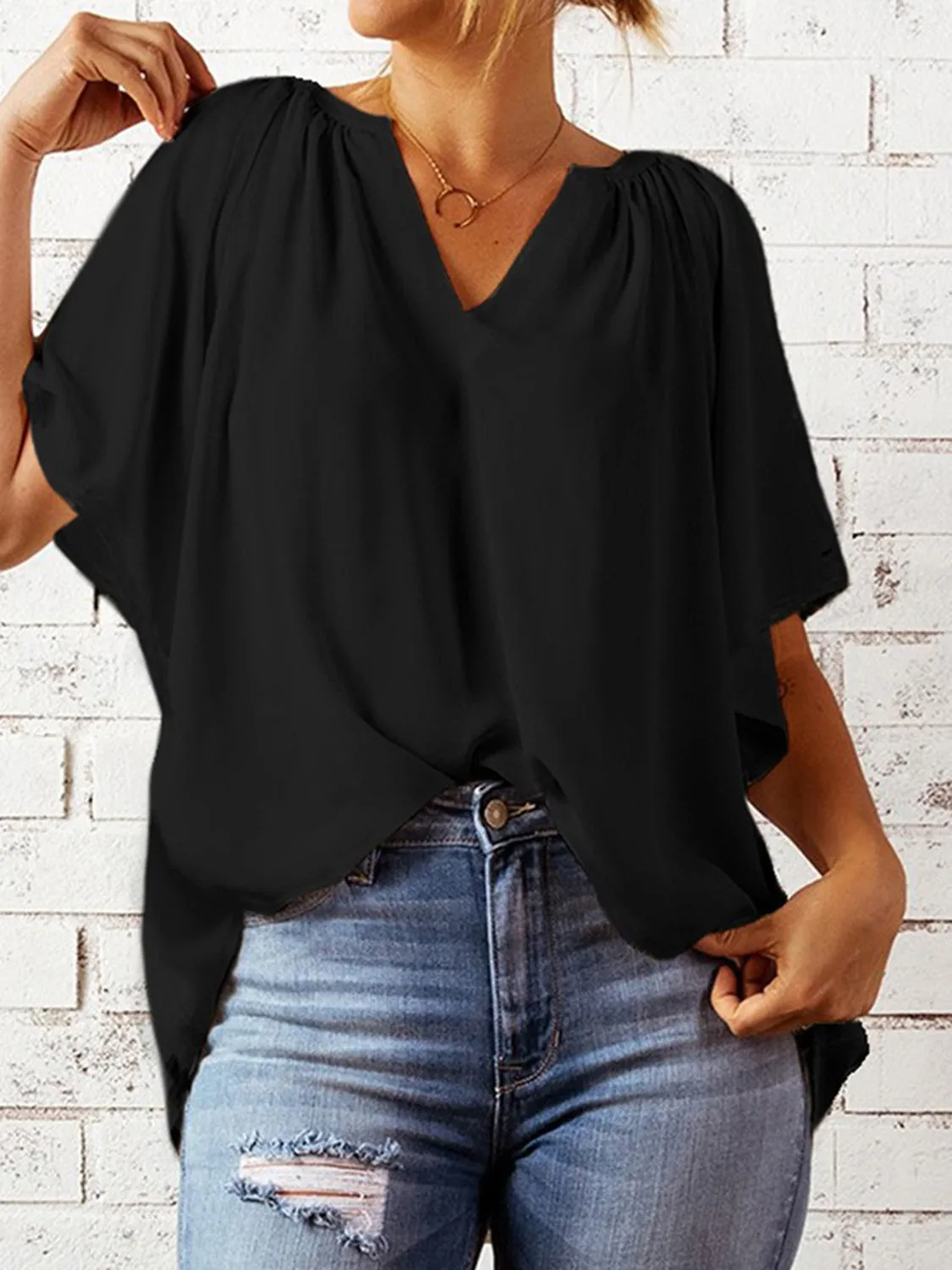 Explore More  Collection - Ruched Notched Half Sleeve Blouse