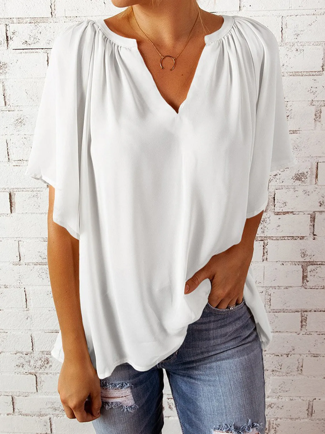 Explore More  Collection - Ruched Notched Half Sleeve Blouse