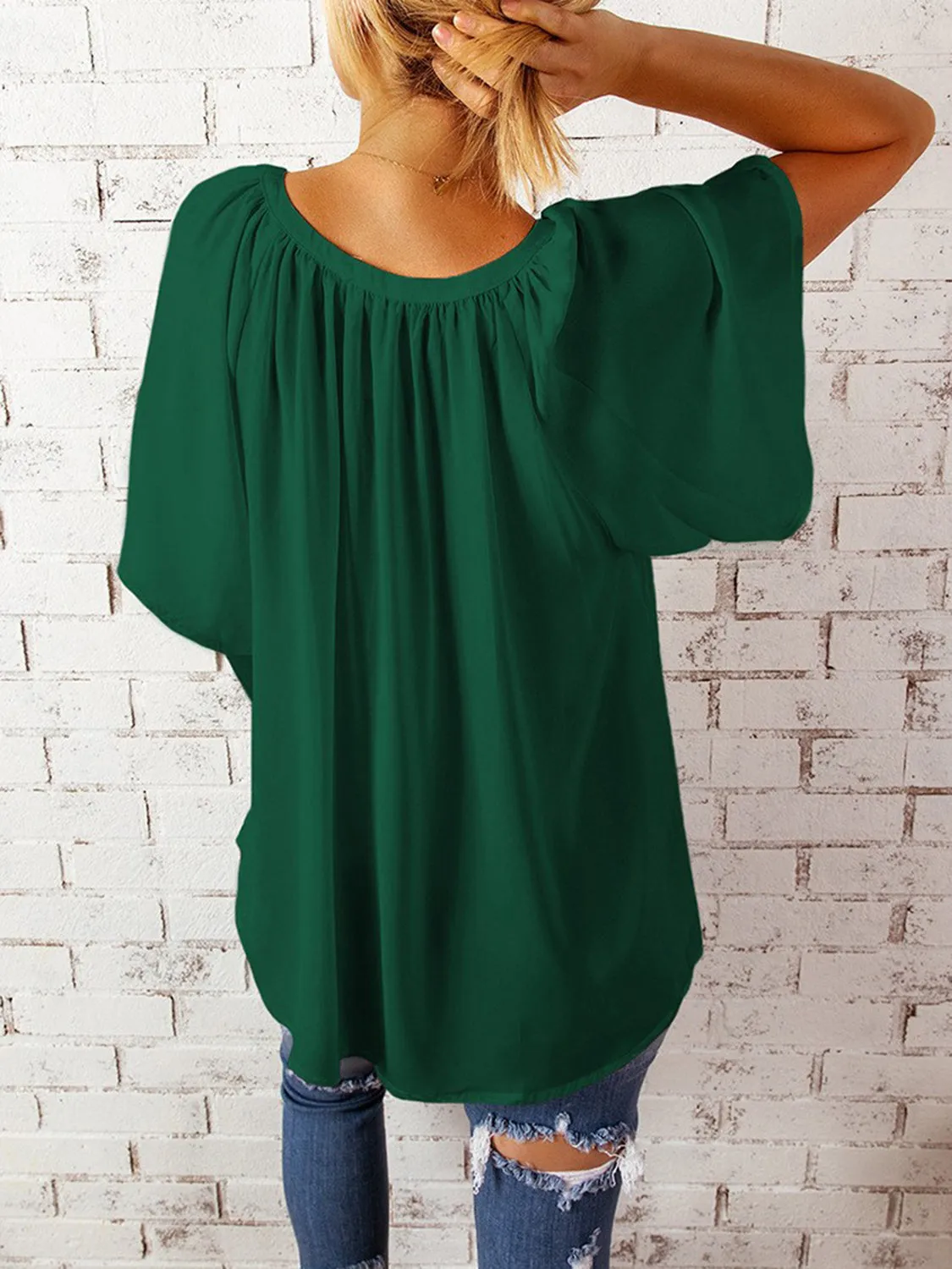 Explore More  Collection - Ruched Notched Half Sleeve Blouse