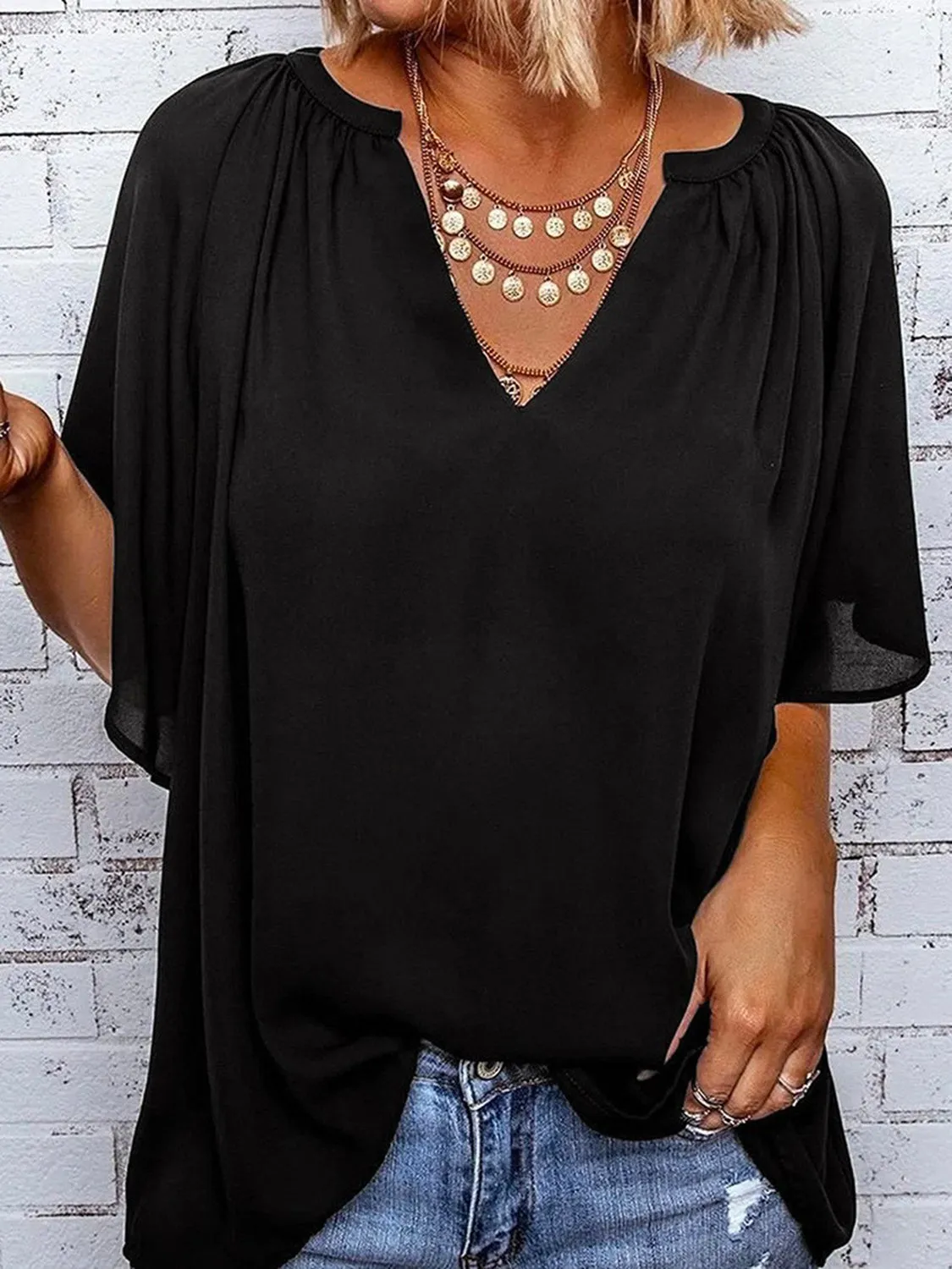 Explore More  Collection - Ruched Notched Half Sleeve Blouse