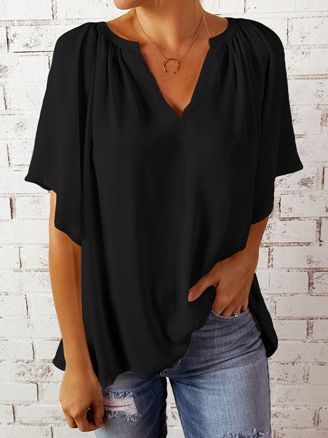 Explore More  Collection - Ruched Notched Half Sleeve Blouse