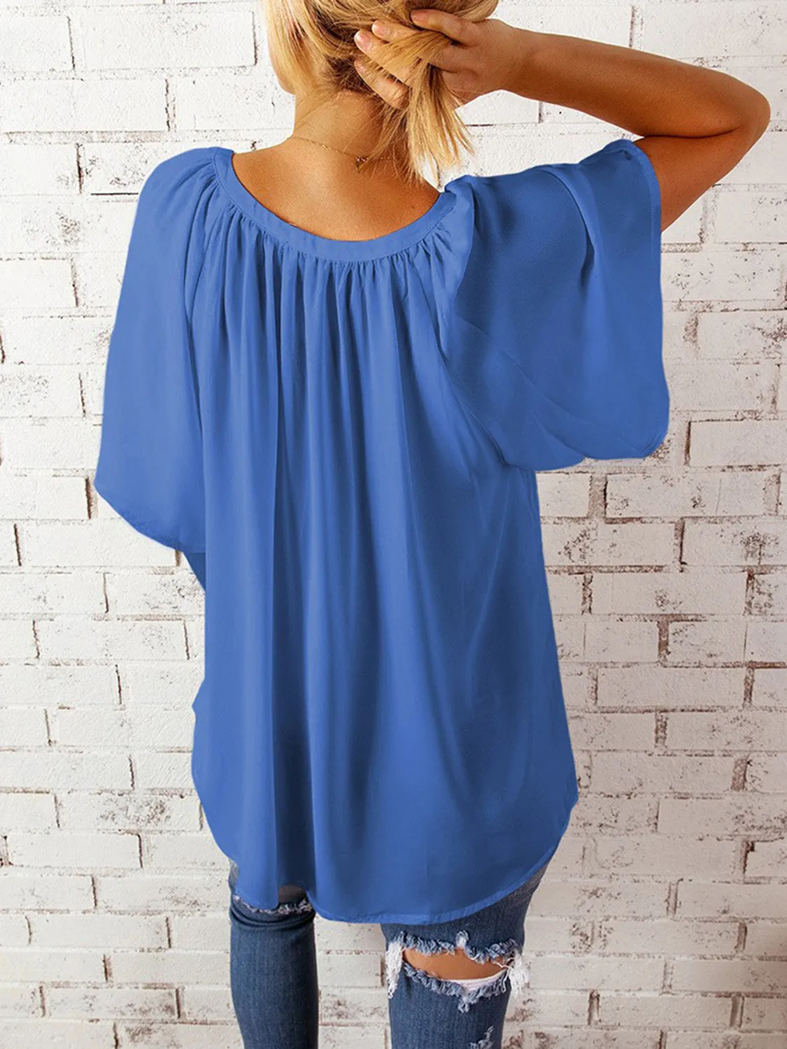 Explore More  Collection - Ruched Notched Half Sleeve Blouse