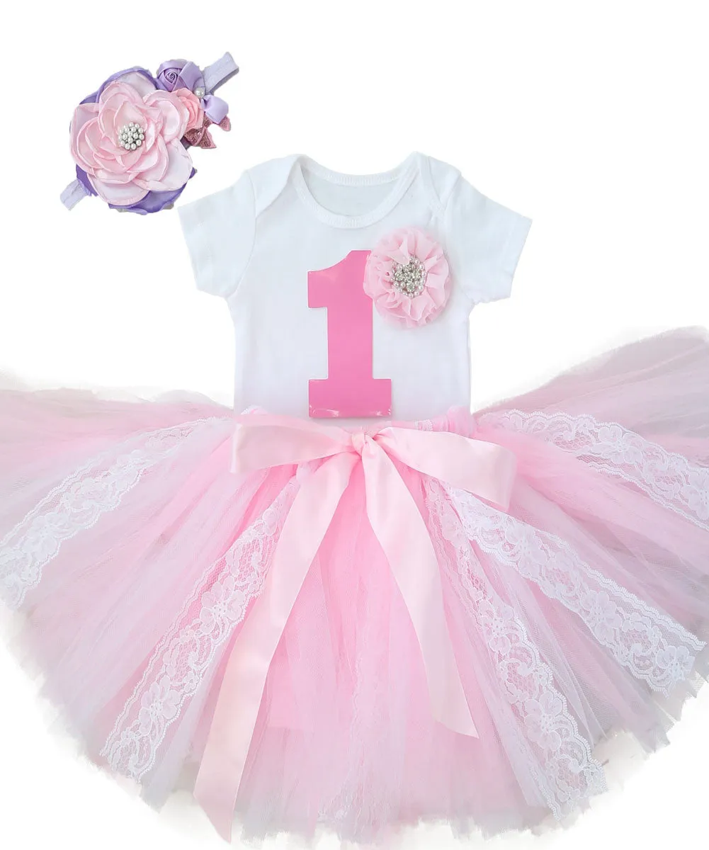 First Birthday Outfit Girl - Pink and White - Lace Tutu - Rhinestone - Fancy - Birthday Tutu Set - Cute Birthday Outfits - Princess