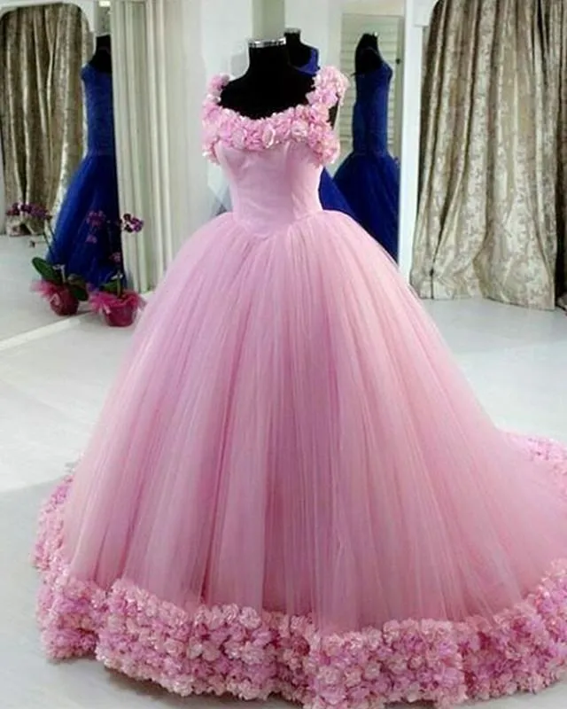 Floral Flower Sweetheart Tulle Ball Gowns Quinceanera Dresses With Straps