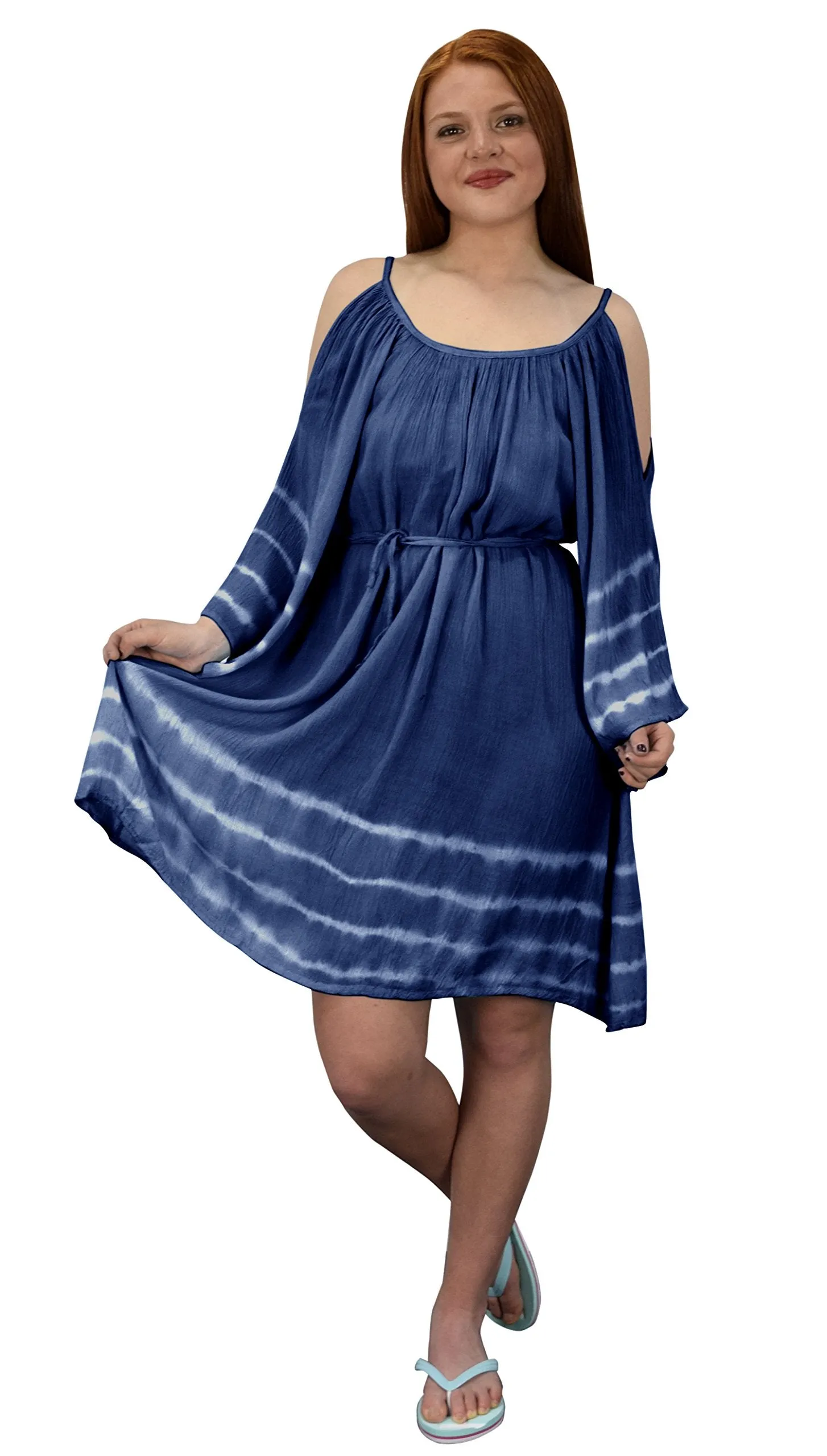 Flutter Sleeve Waist Belt Cold Shoulder Sun Dress Beach Cover Up