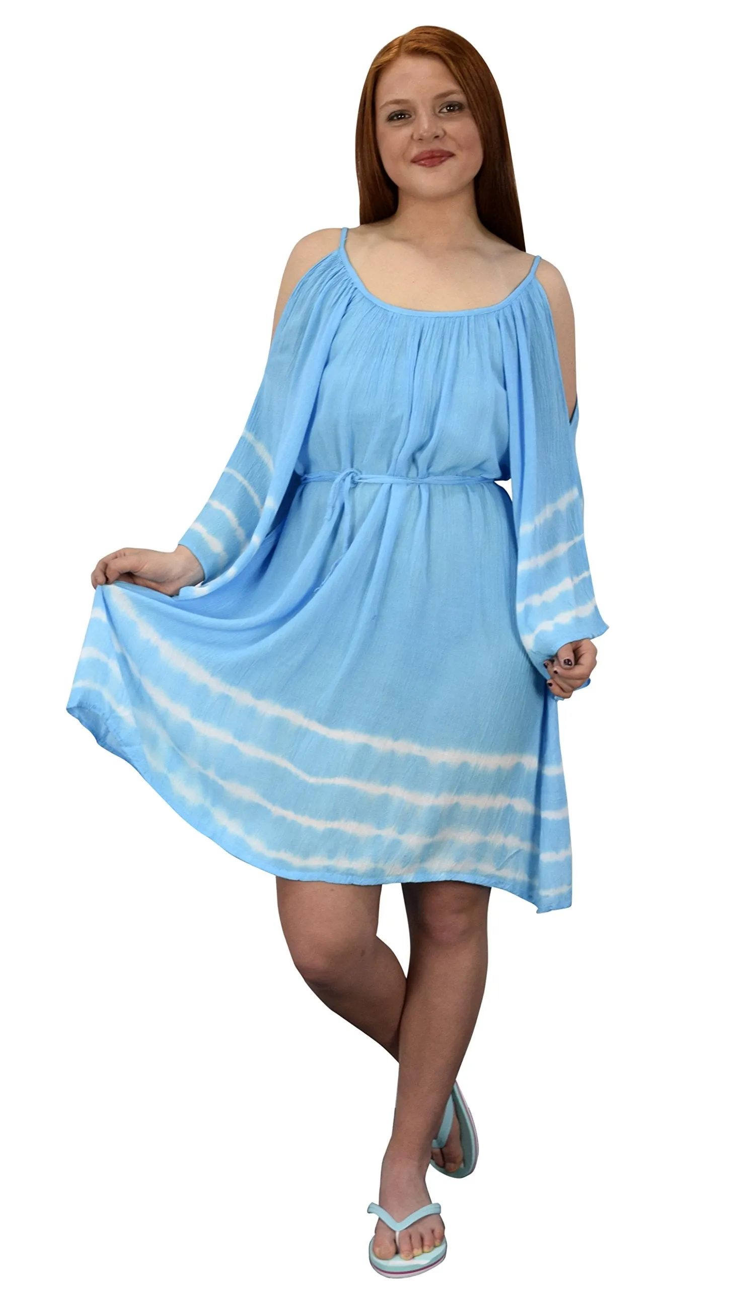 Flutter Sleeve Waist Belt Cold Shoulder Sun Dress Beach Cover Up