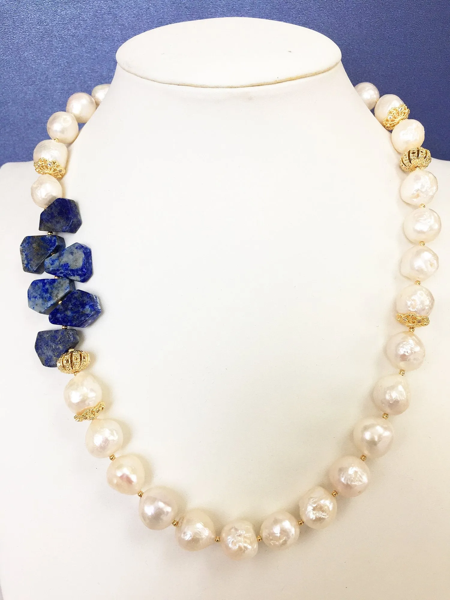 Freshwater Pearl With Lapis Flower Statement Necklace  MN040