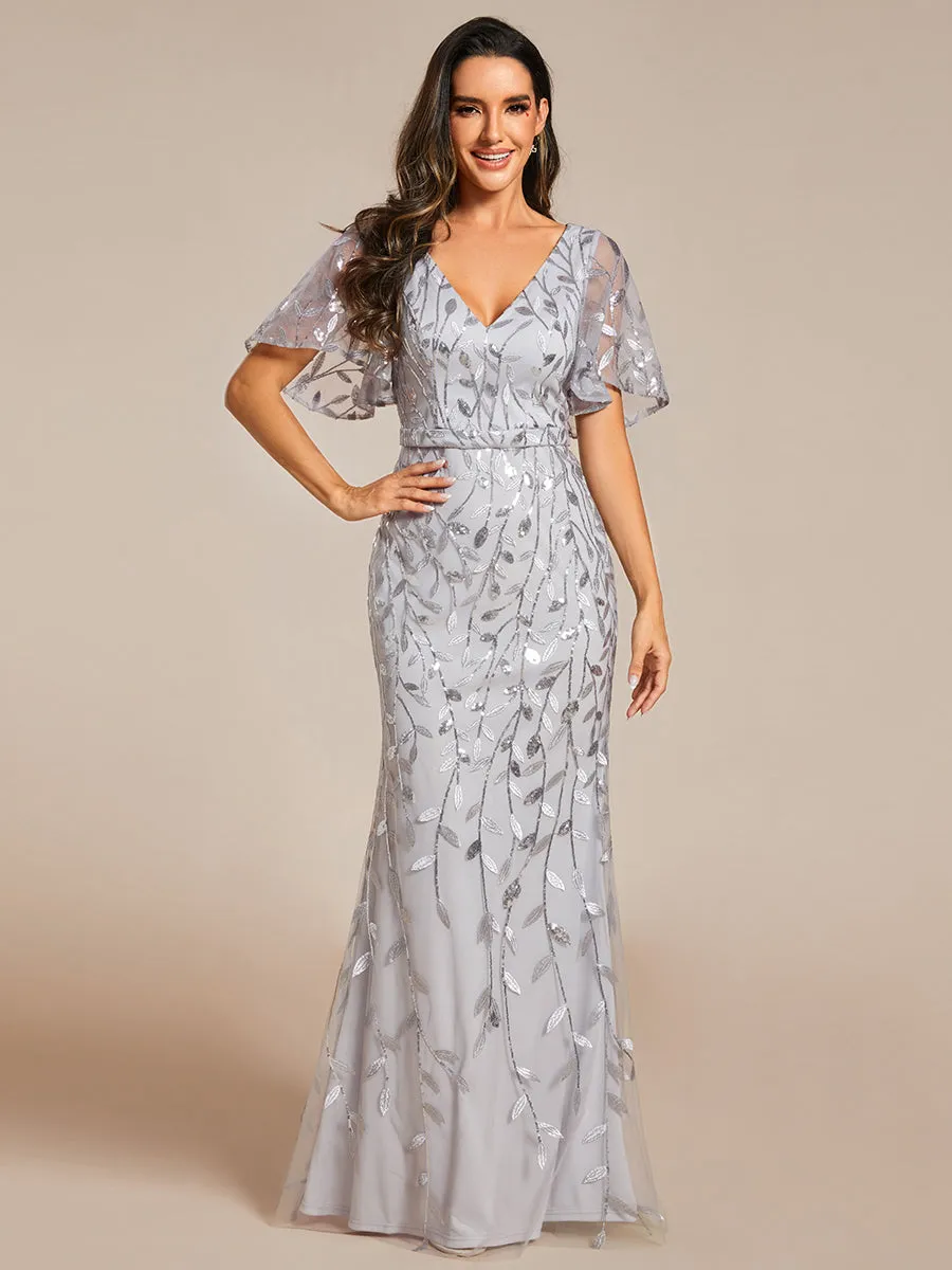 Gorgeous V Neck Leaf-Sequined Fishtail Wholesale Evening Dress