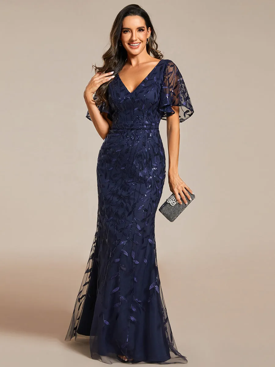 Gorgeous V Neck Leaf-Sequined Fishtail Wholesale Evening Dress