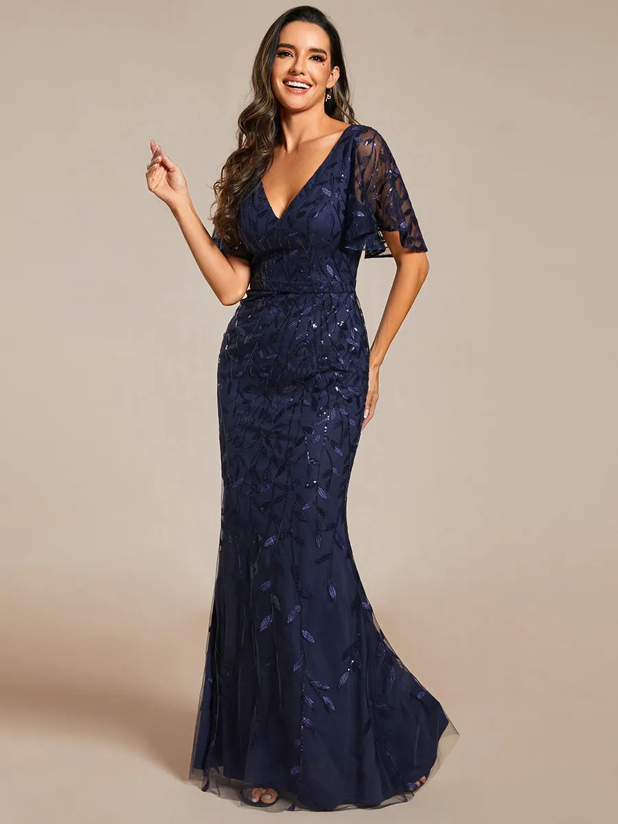 Gorgeous V Neck Leaf-Sequined Fishtail Wholesale Evening Dress