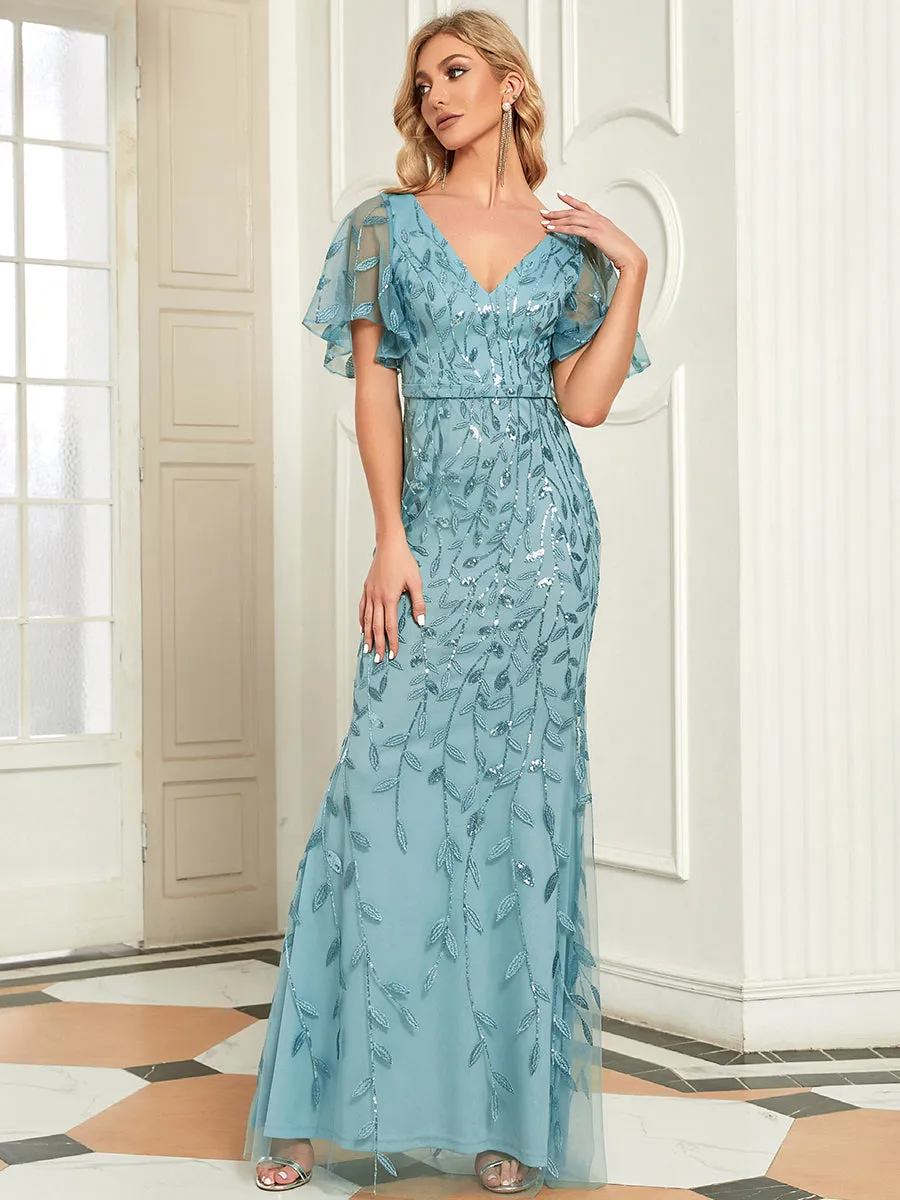 Gorgeous V Neck Leaf-Sequined Fishtail Wholesale Evening Dress