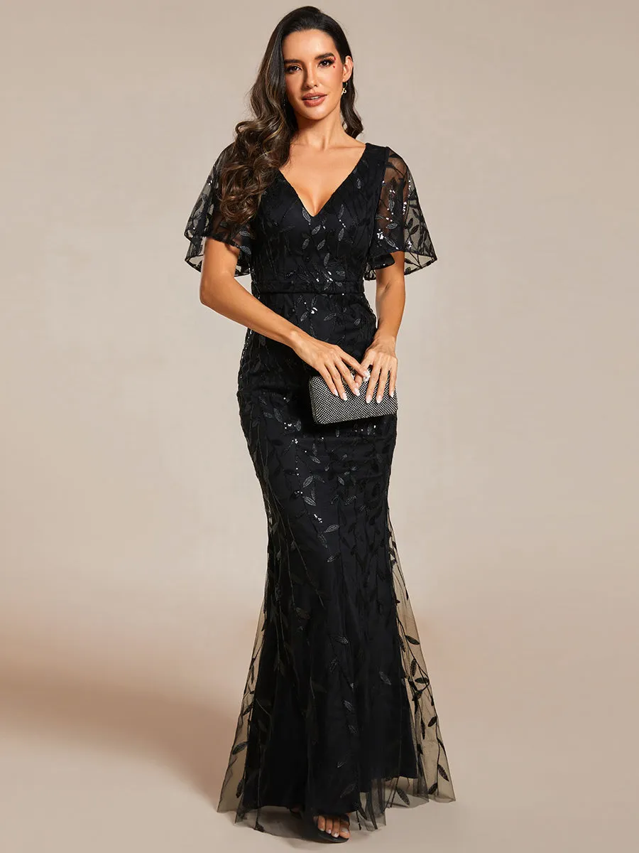 Gorgeous V Neck Leaf-Sequined Fishtail Wholesale Evening Dress