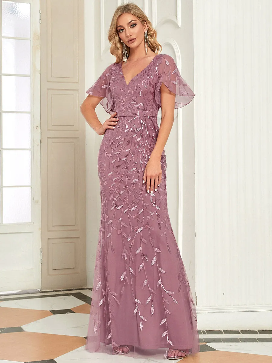 Gorgeous V Neck Leaf-Sequined Fishtail Wholesale Evening Dress