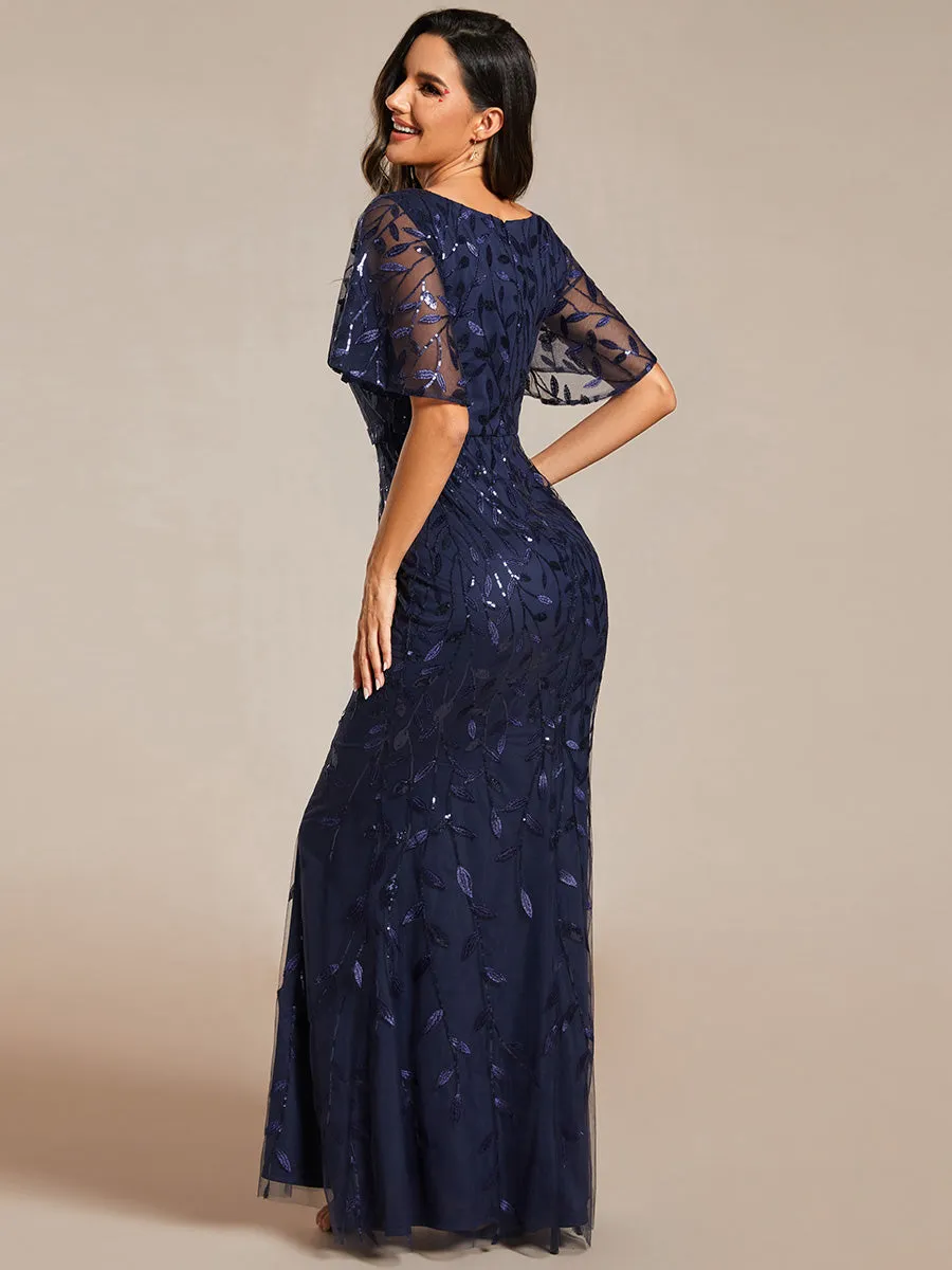 Gorgeous V Neck Leaf-Sequined Fishtail Wholesale Evening Dress