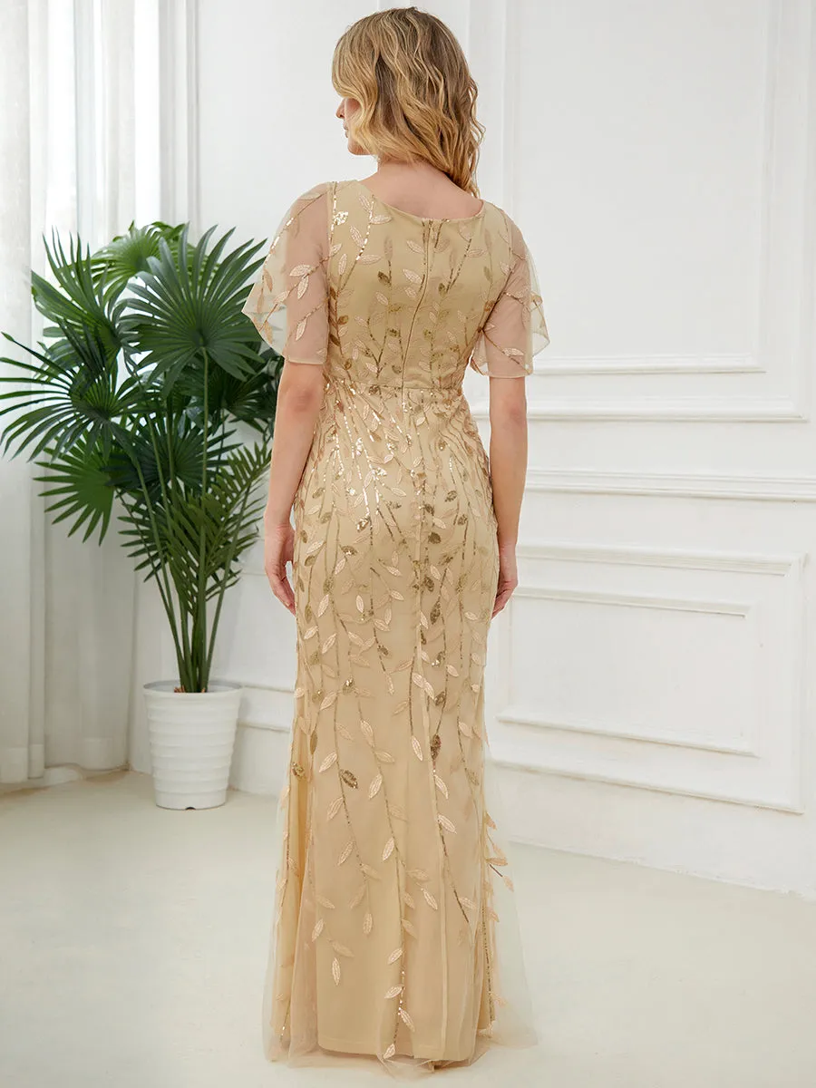 Gorgeous V Neck Leaf-Sequined Fishtail Wholesale Evening Dress