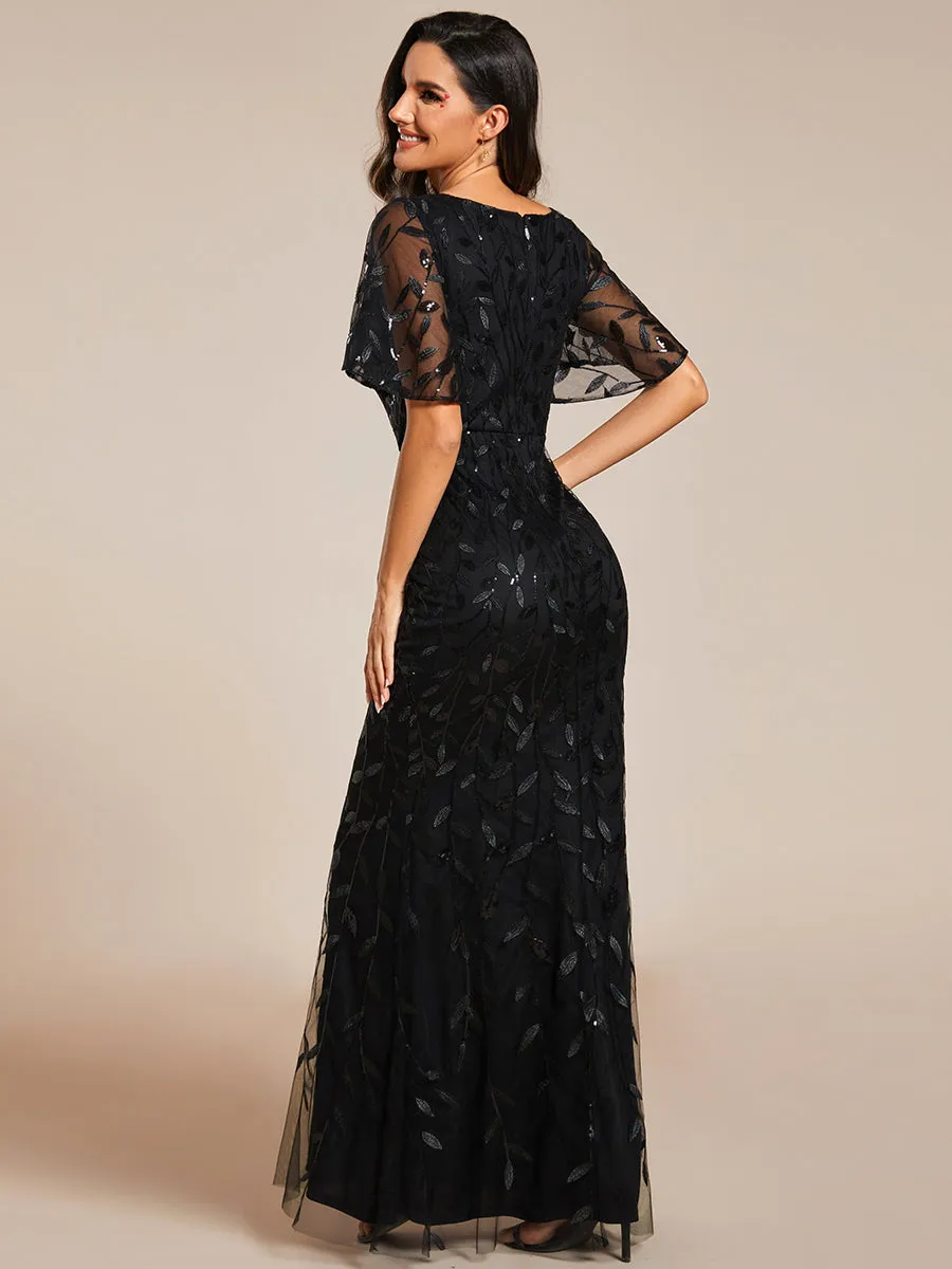 Gorgeous V Neck Leaf-Sequined Fishtail Wholesale Evening Dress