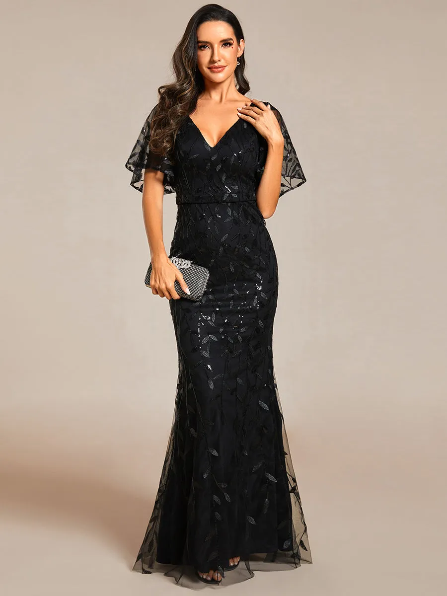 Gorgeous V Neck Leaf-Sequined Fishtail Wholesale Evening Dress