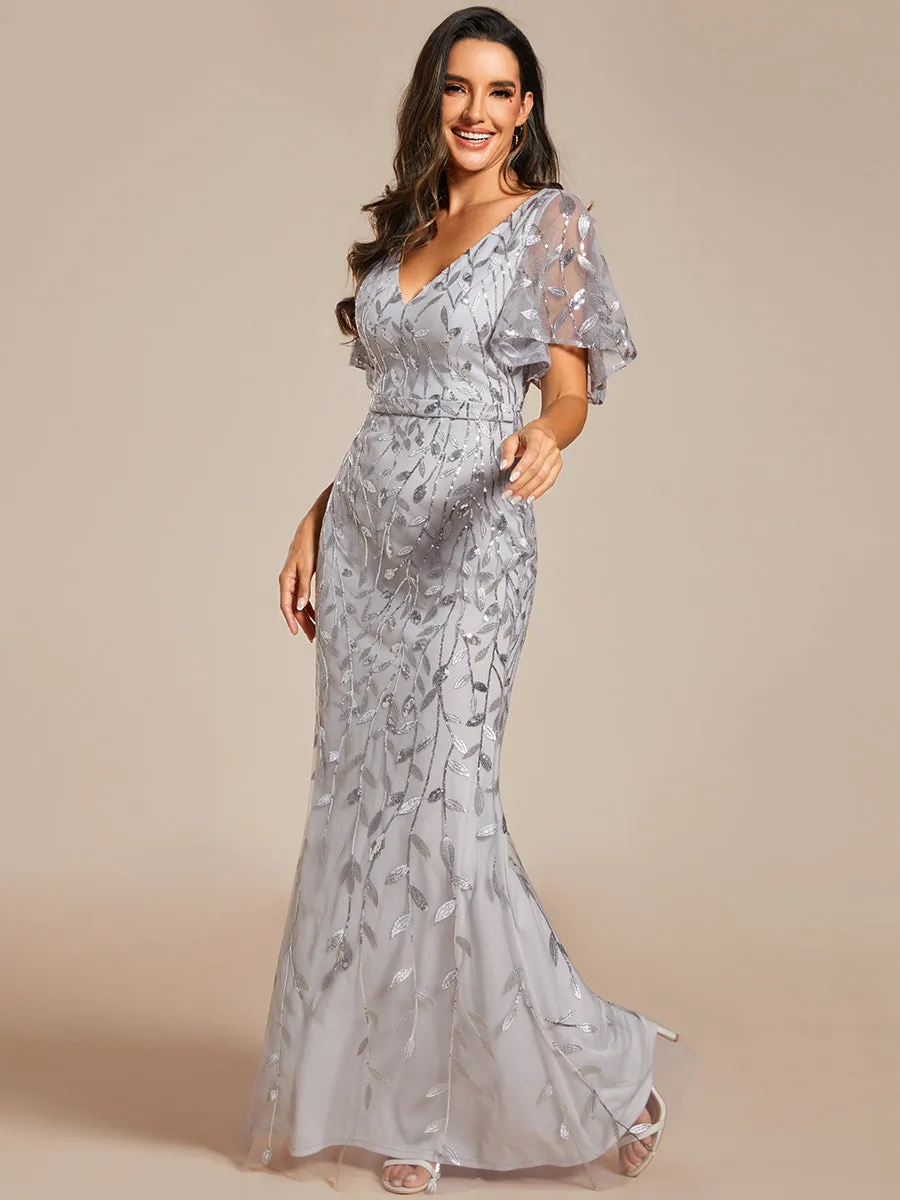 Gorgeous V Neck Leaf-Sequined Fishtail Wholesale Evening Dress