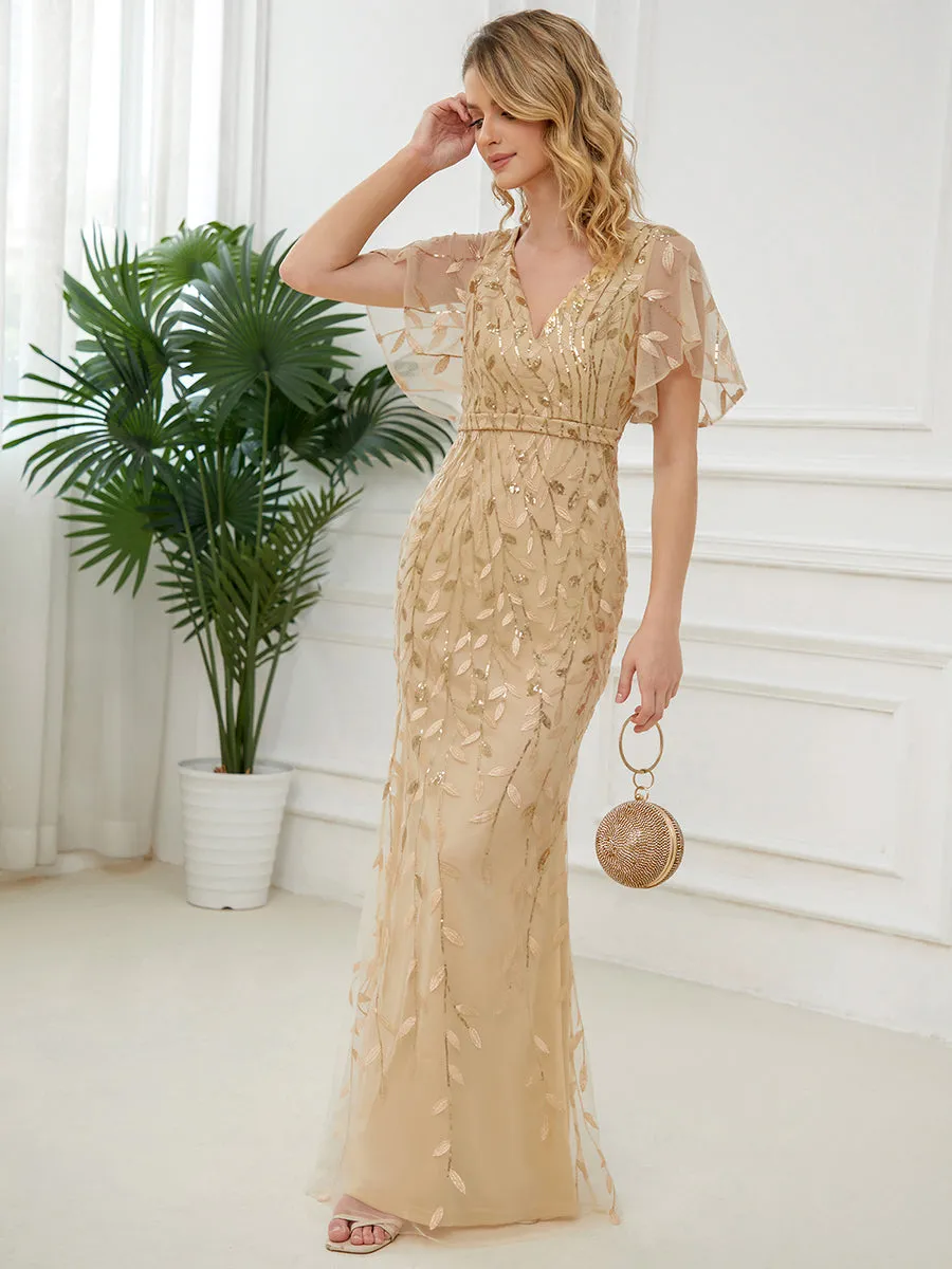 Gorgeous V Neck Leaf-Sequined Fishtail Wholesale Evening Dress