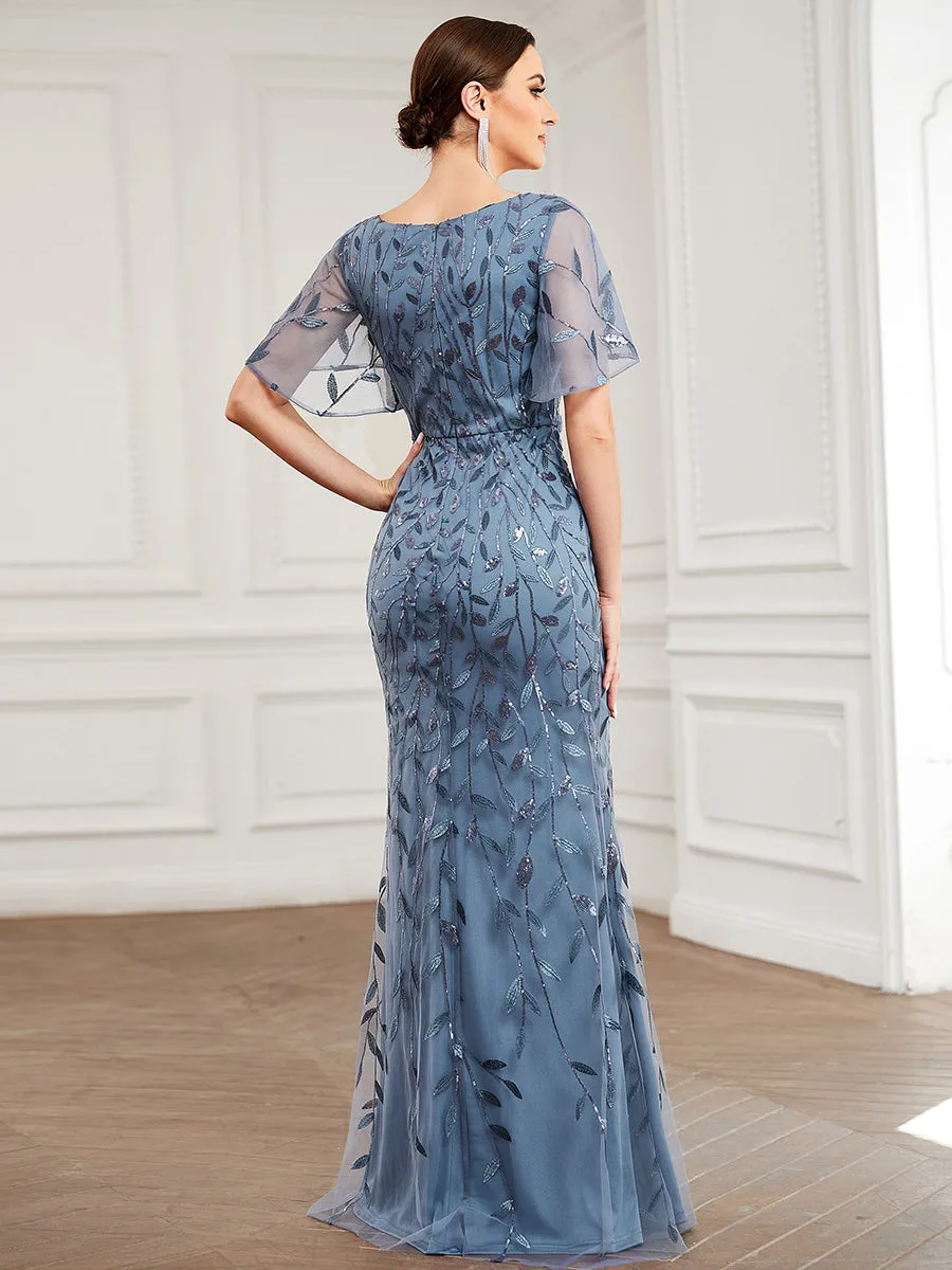 Gorgeous V Neck Leaf-Sequined Fishtail Wholesale Evening Dress