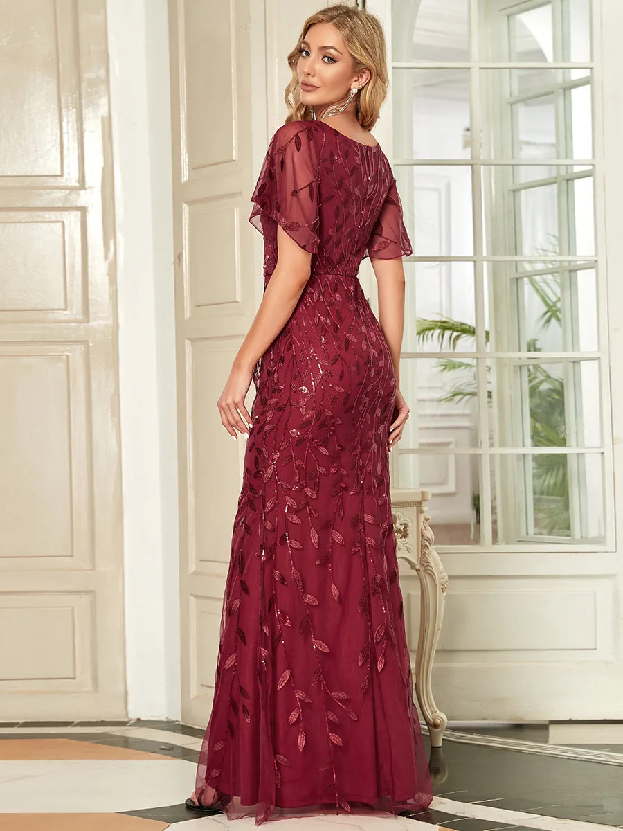 Gorgeous V Neck Leaf-Sequined Fishtail Wholesale Evening Dress