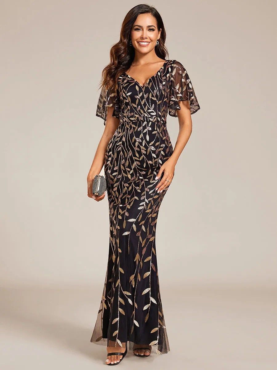 Gorgeous V Neck Leaf-Sequined Fishtail Wholesale Evening Dress