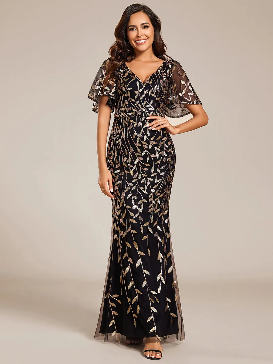 Gorgeous V Neck Leaf-Sequined Fishtail Wholesale Evening Dress