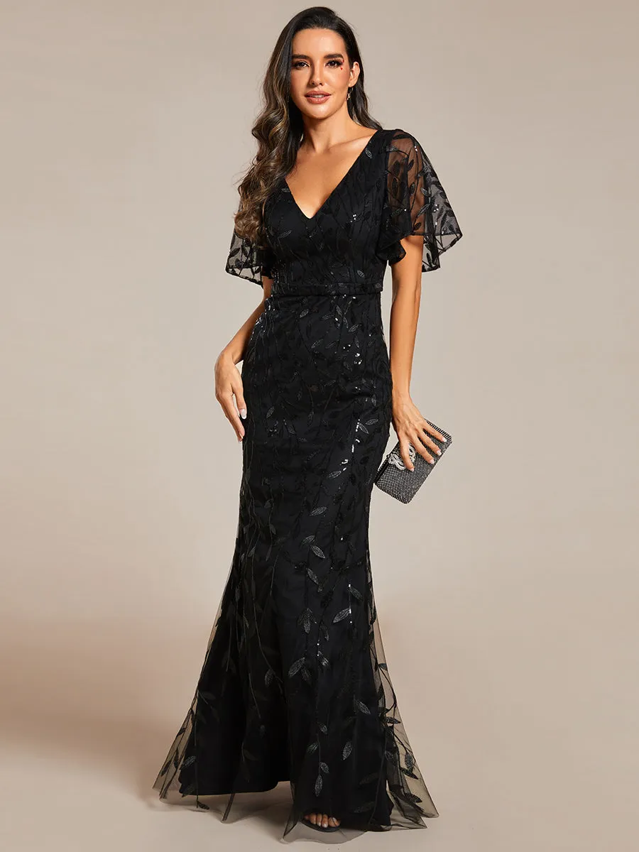 Gorgeous V Neck Leaf-Sequined Fishtail Wholesale Evening Dress