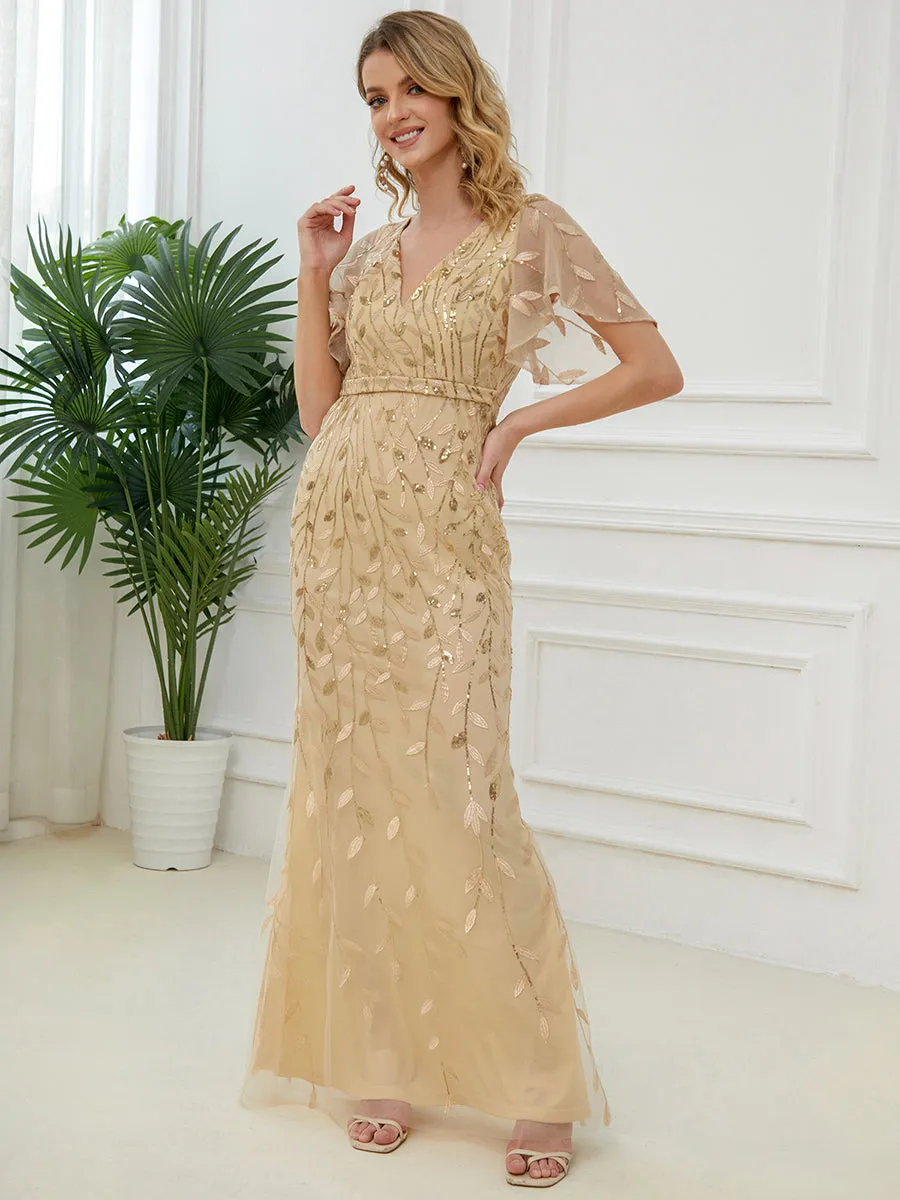 Gorgeous V Neck Leaf-Sequined Fishtail Wholesale Evening Dress