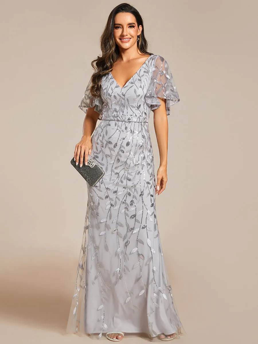 Gorgeous V Neck Leaf-Sequined Fishtail Wholesale Evening Dress