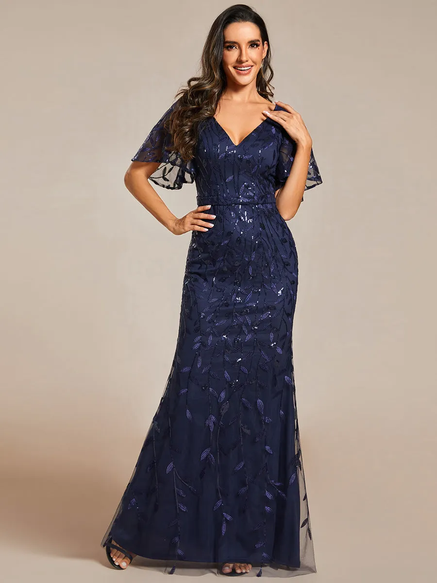 Gorgeous V Neck Leaf-Sequined Fishtail Wholesale Evening Dress