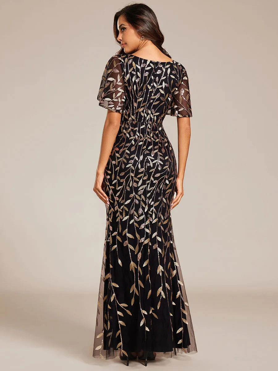 Gorgeous V Neck Leaf-Sequined Fishtail Wholesale Evening Dress