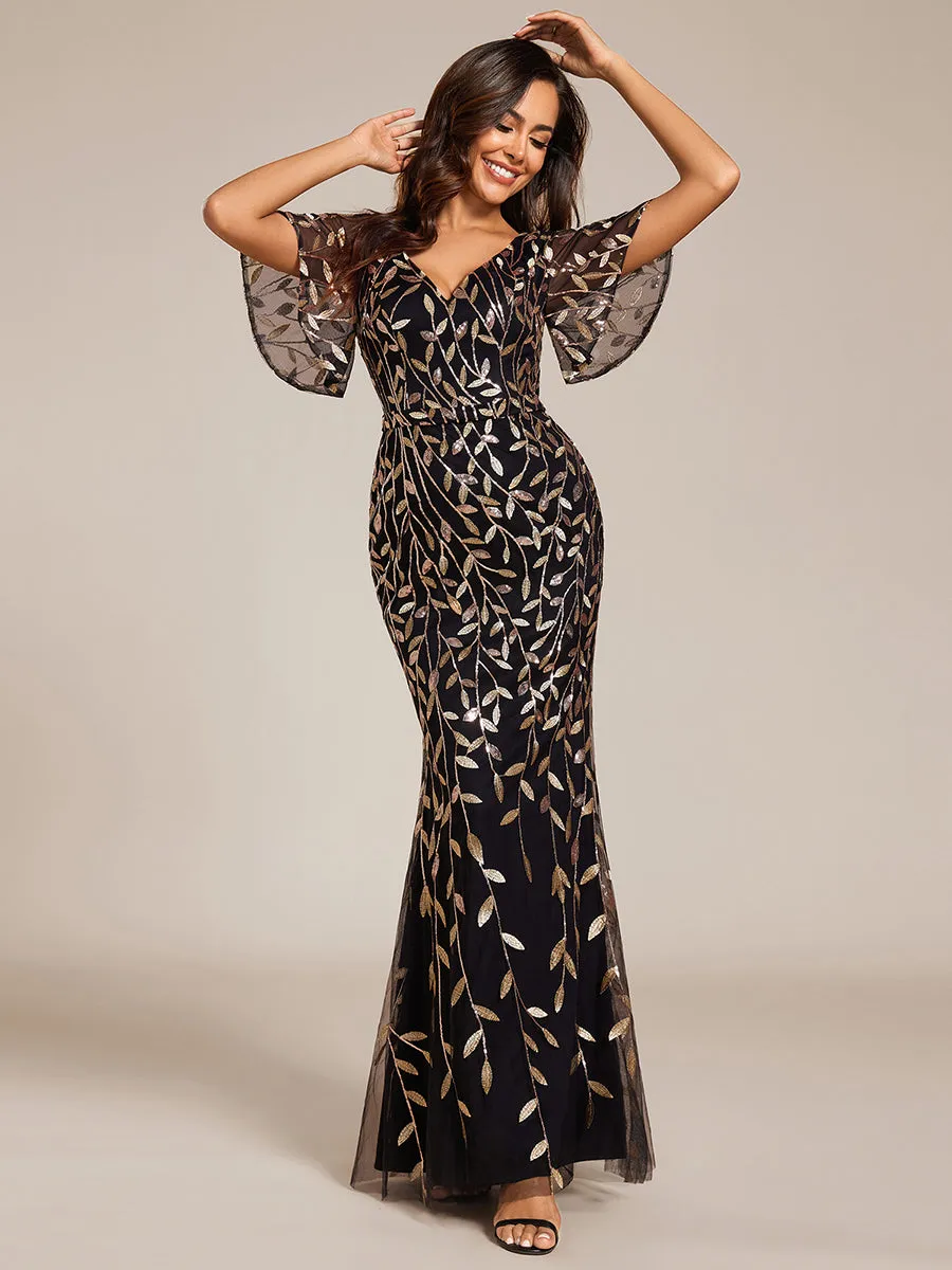 Gorgeous V Neck Leaf-Sequined Fishtail Wholesale Evening Dress