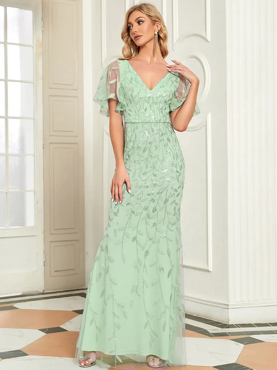 Gorgeous V Neck Leaf-Sequined Fishtail Wholesale Evening Dress