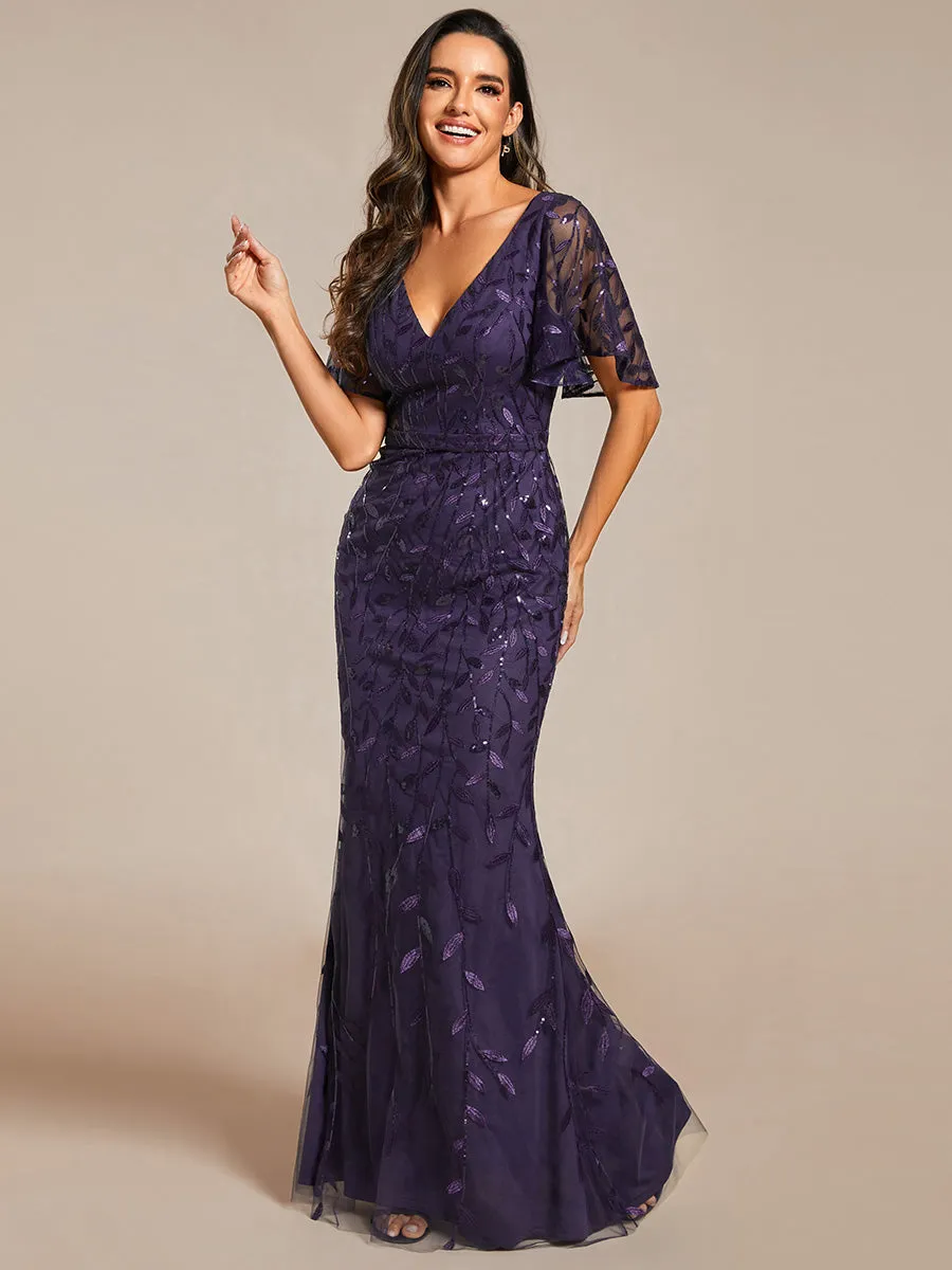 Gorgeous V Neck Leaf-Sequined Fishtail Wholesale Evening Dress