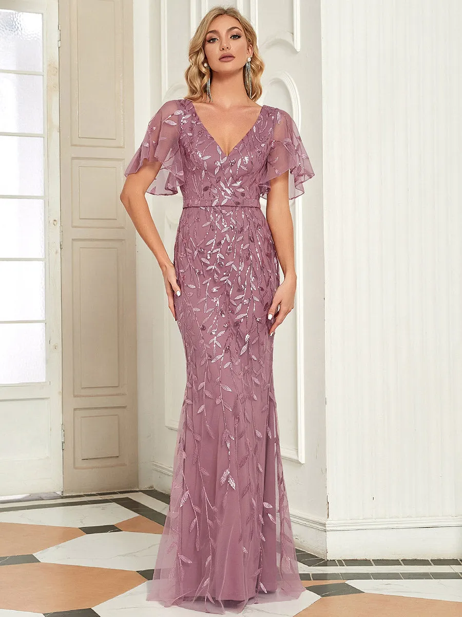 Gorgeous V Neck Leaf-Sequined Fishtail Wholesale Evening Dress