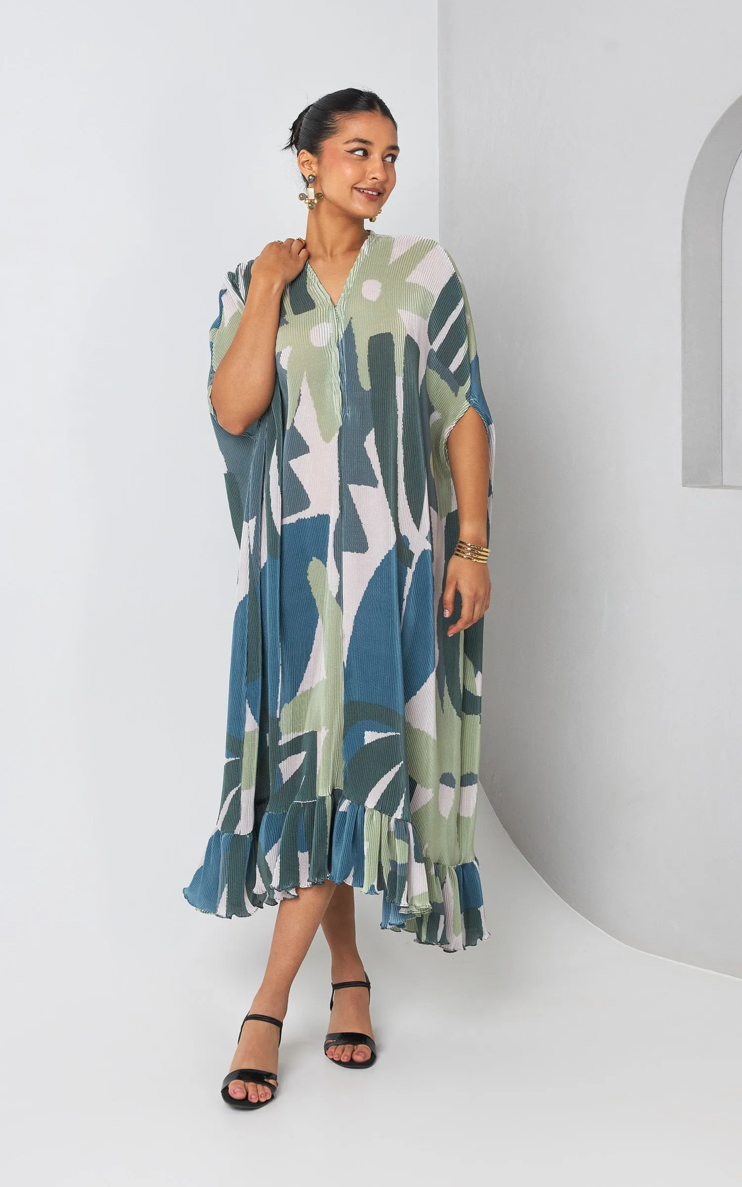 Green Micro Pleated Midi Dress