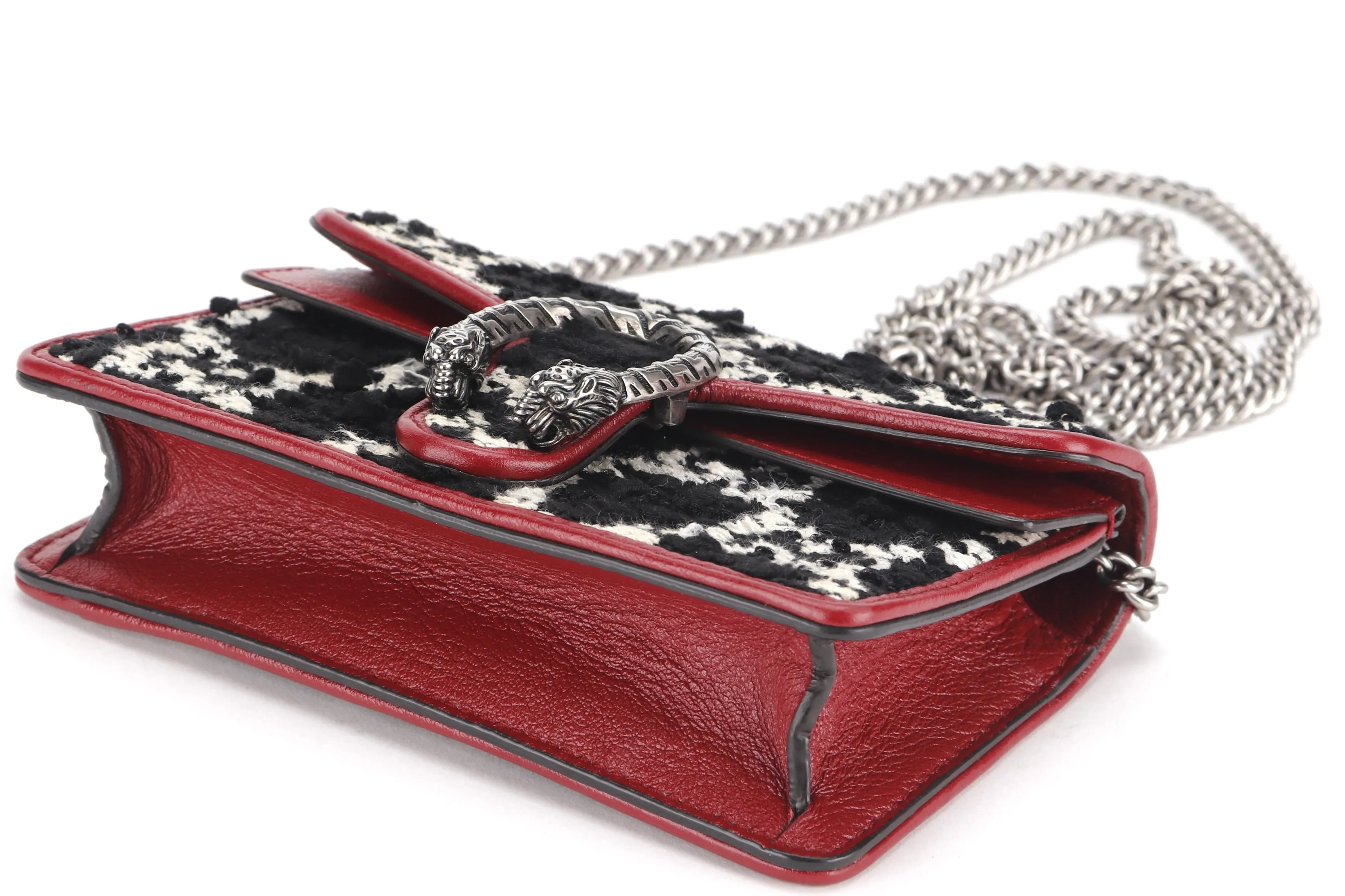 GUCCI SUPER MINI DIONYSUS (476432.0416) BLACK TWEED RED LEATHER TRIM SILVER HARDWARE, WITH CHAIN, NO DUST COVER