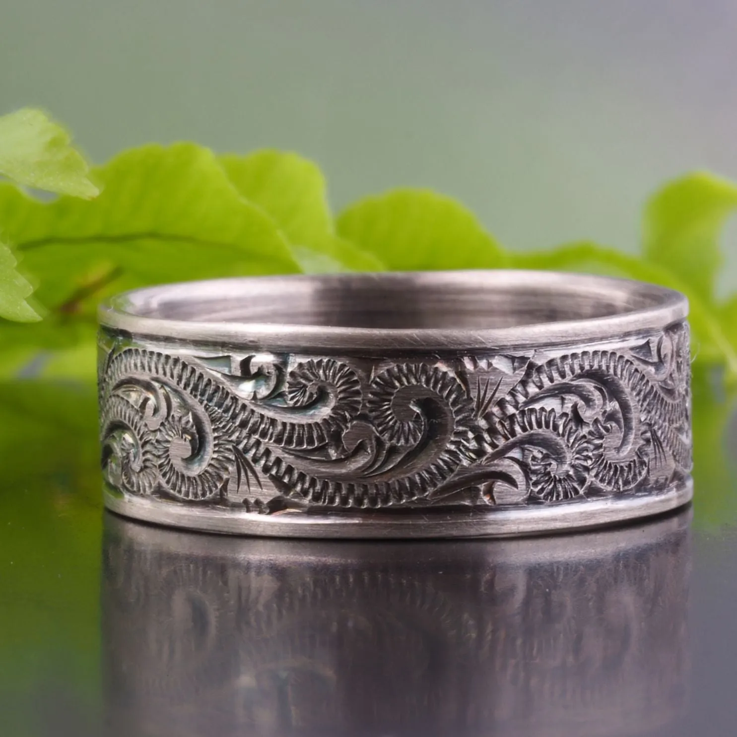 Hand Engraved Scroll Sterling Silver Satin Oxidised Wedding Band Ring