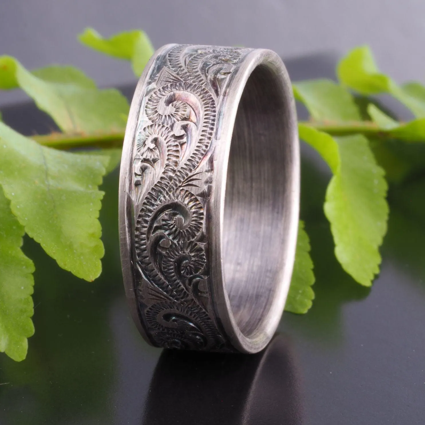 Hand Engraved Scroll Sterling Silver Satin Oxidised Wedding Band Ring