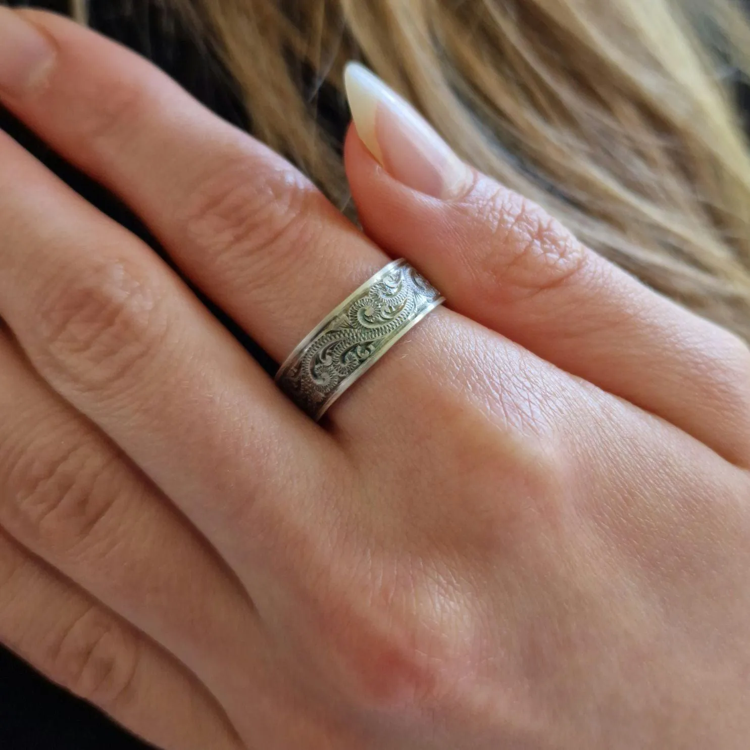 Hand Engraved Scroll Sterling Silver Satin Oxidised Wedding Band Ring