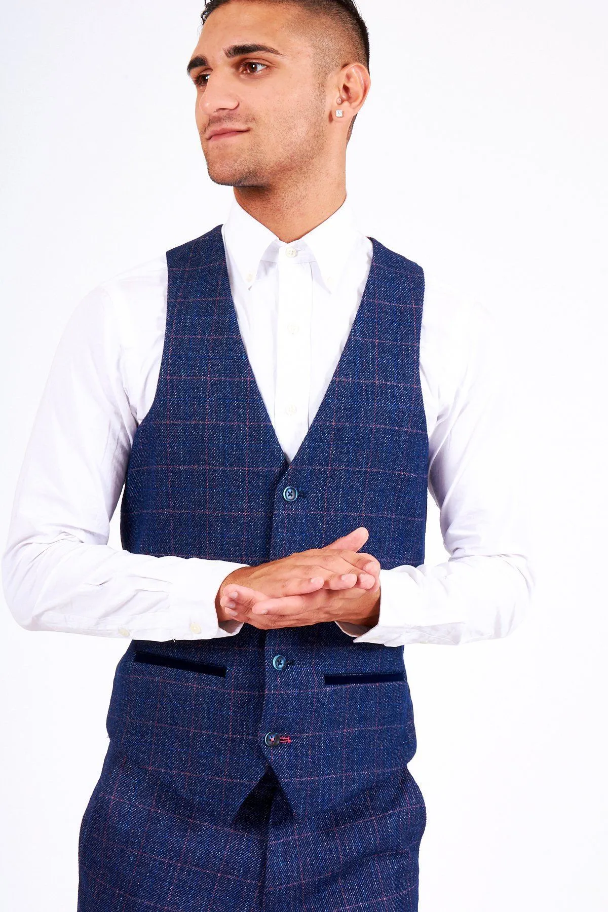 HARRY - Indigo Single Breasted Tweed Check Waistcoat