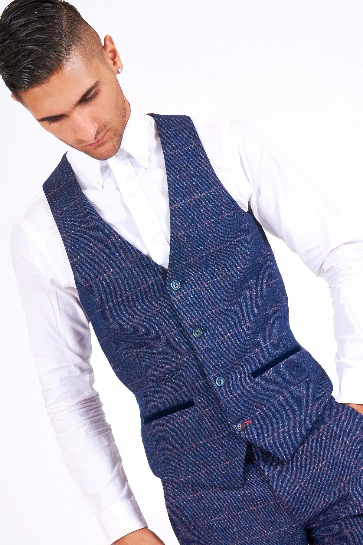 HARRY - Indigo Single Breasted Tweed Check Waistcoat