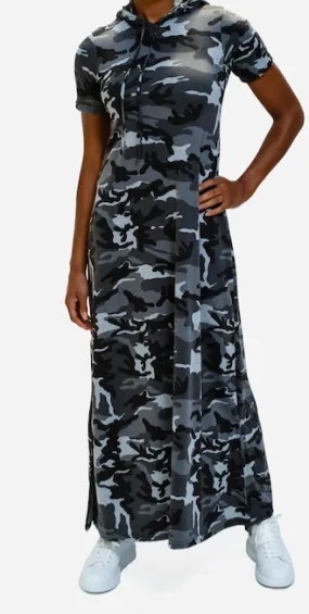 Hooded maxi dress  in our grey camouflage rayon French Terry Jersey