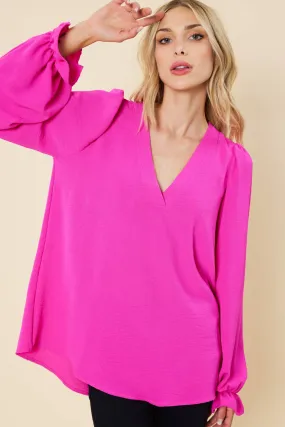 HOT PINK LONG SLEEVE V-NECK TOP