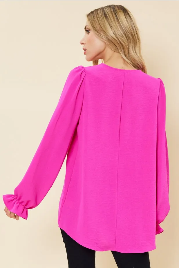 HOT PINK LONG SLEEVE V-NECK TOP