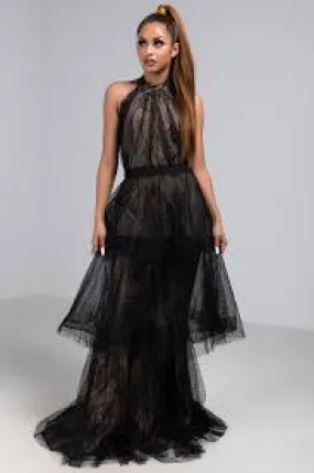 Long Lace/Tulle Tiered Dress Size S Style 4933