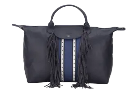 LONGCHAMP LE PLIAGE DARK BLUE LEATHER WITH FRINGE WITH STRAP & DUST COVER