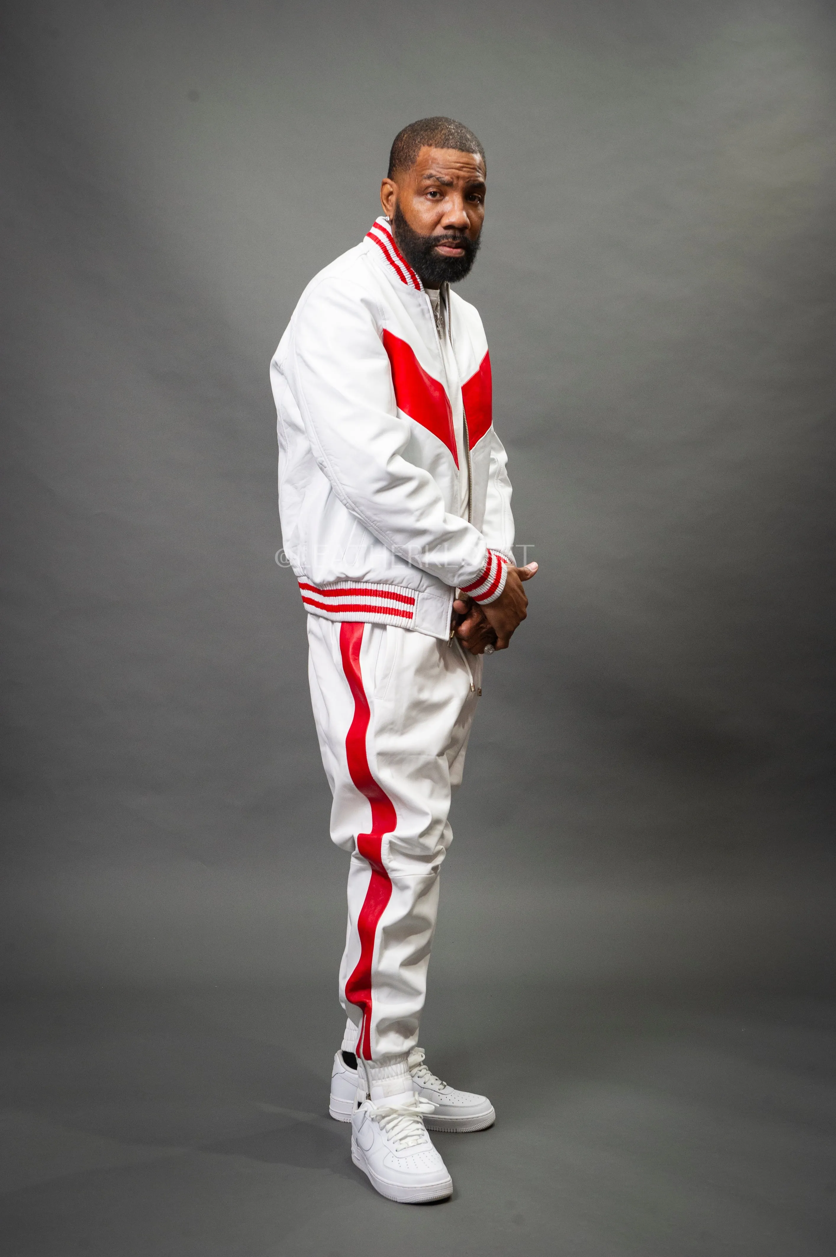 Men's V-Baseball Leather Track Suit Sweatsuit [White/Red]