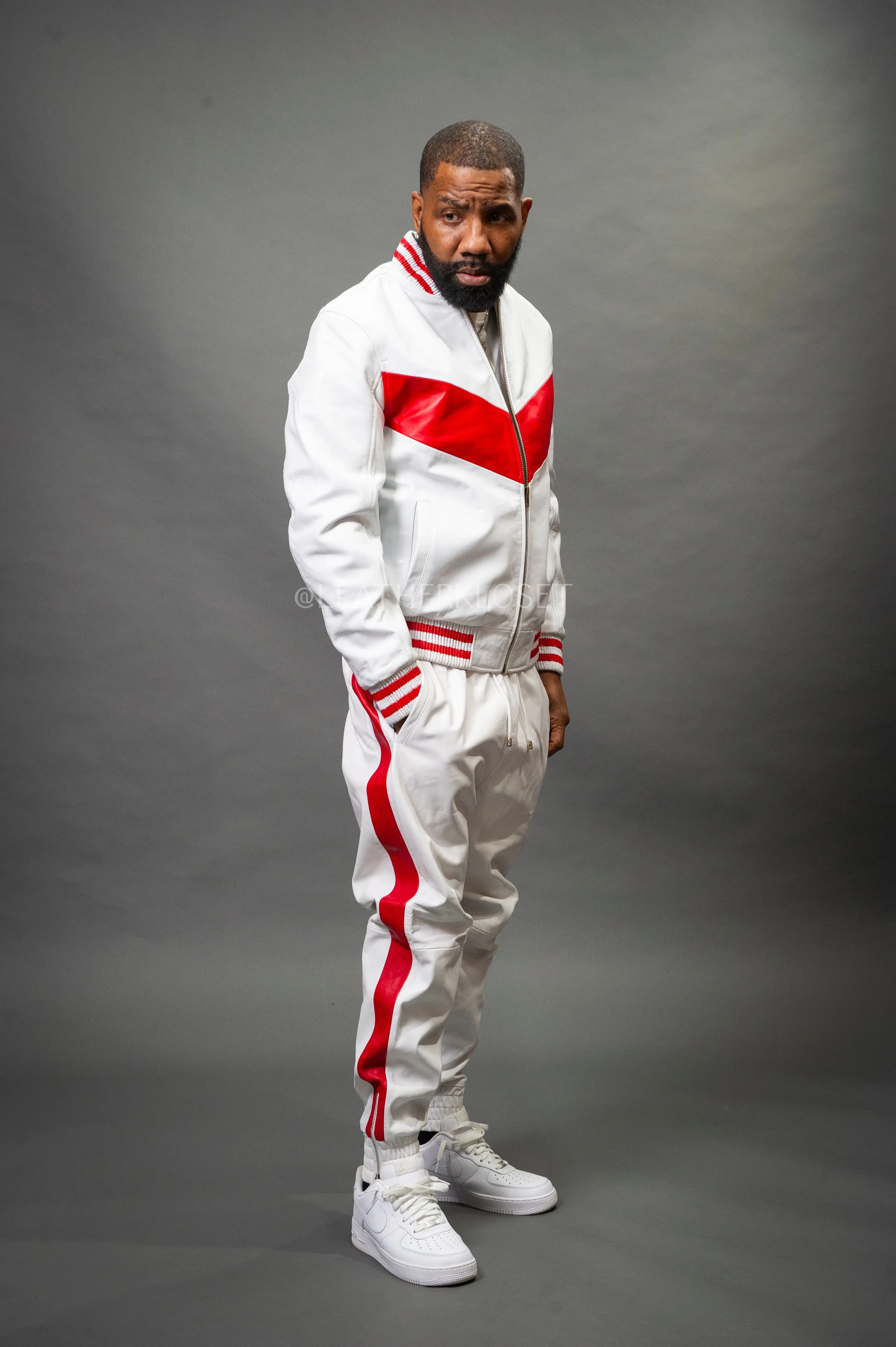 Men's V-Baseball Leather Track Suit Sweatsuit [White/Red]